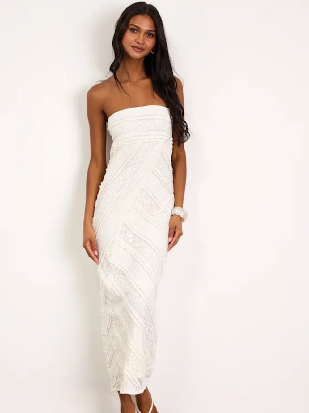 Lulu's White Strapless Beaded Maxi Dress